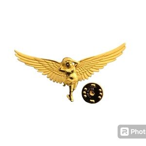 Guardian Angel Lapel Tac Pin Gold Tone Wide Wingspan Signed Jonette Jewelry 80s